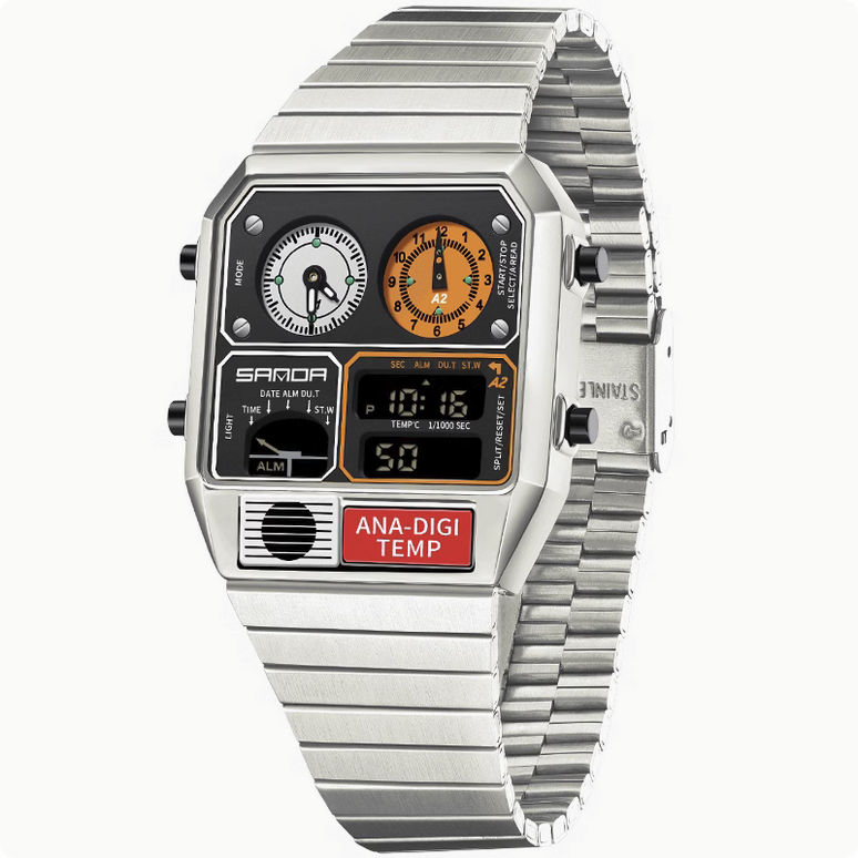 Sanda 3192 Retro Square Watch - Unisex Digital Watch with Date/Temp/Alarm, 5ATM Waterproof, Stainless Steel Band (36mm)
