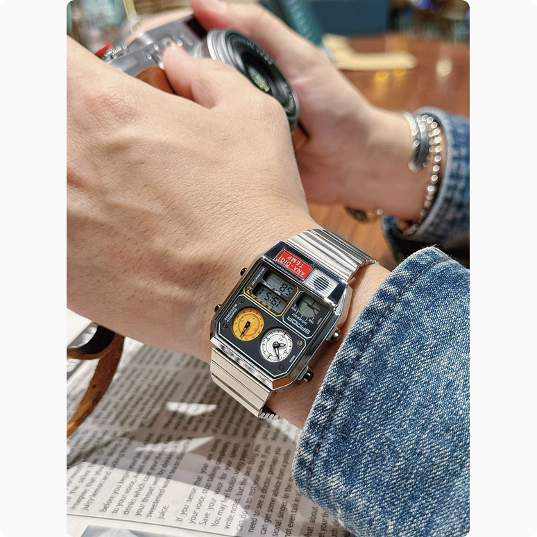 Sanda 3192 Retro Square Watch - Unisex Digital Watch with Date/Temp/Alarm, 5ATM Waterproof, Stainless Steel Band (36mm)